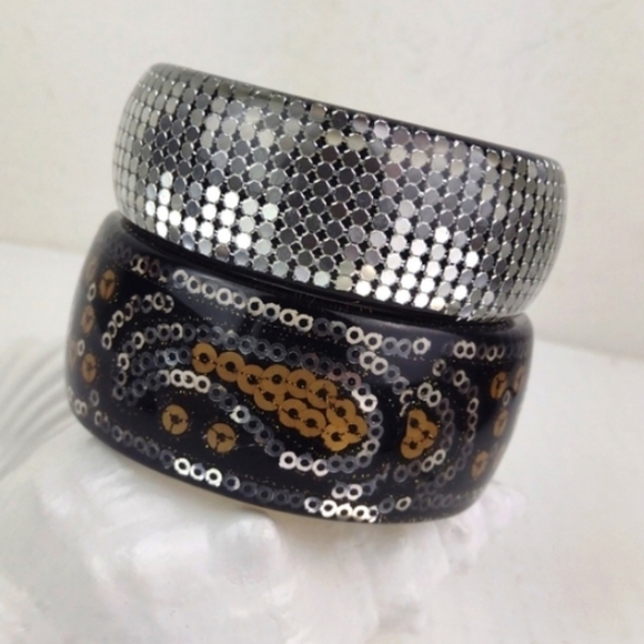 2 Blingy (1 Paisley) Boho Disco Resin Coated Chunky Cool Bangles EUC - Picture 12 of 12